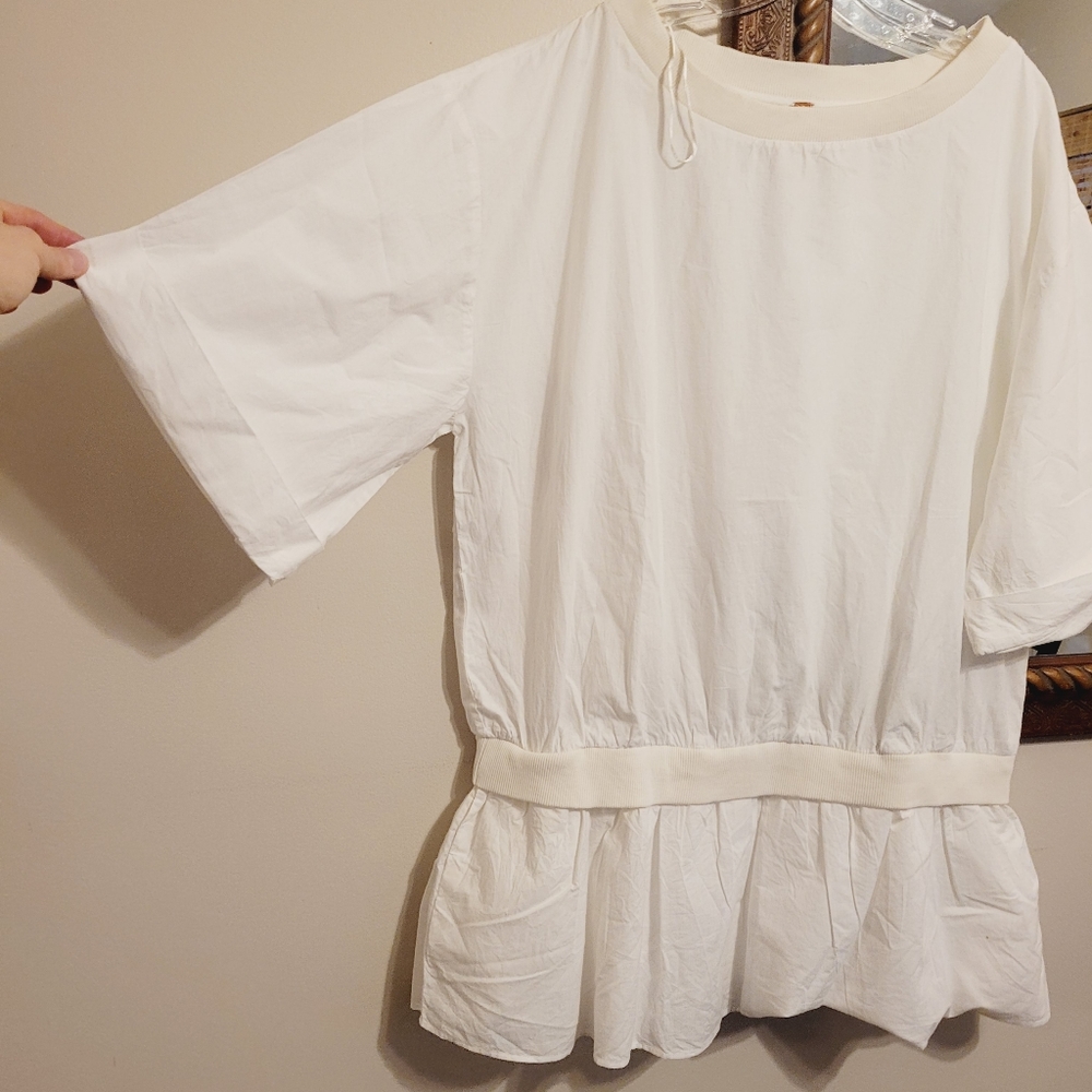 NEW Pullover Cotton Mini Dress Tunic Shirtdress White Short Sleeve Flounced - Picture 2 of 3